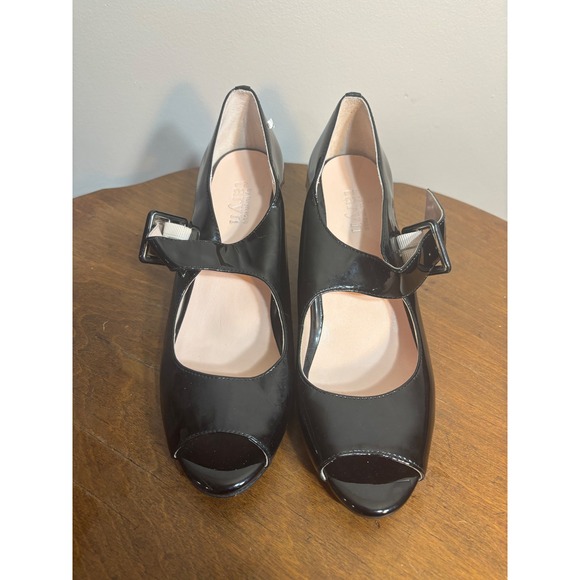 Taryn Rose Shoes - Taryn Rose Kendy Black Patent Leather Peep Toe Wedge Mary Jane Sandals Size 8M